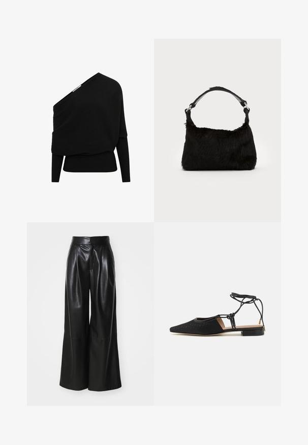 Sort ribbet pullover med asymmetrisk off-shoulder design, lange ærmer og tekstureret stof. Har en tætsiddende bundkant.; Sorte faux læder brede bukser med høj talje, plisseret foran og glat tekstur. Har et rent, minimalistisk design.; Sort fladsko med spids tå, tekstureret overdel, ankelbånd og lav blok-hæl. Har et subtilt mønster på materialet.; Sort faux fur håndtaske med en blød tekstur, rund form og en robust skulderrem i sort læder. Synlige sølvhardware-detaljer.