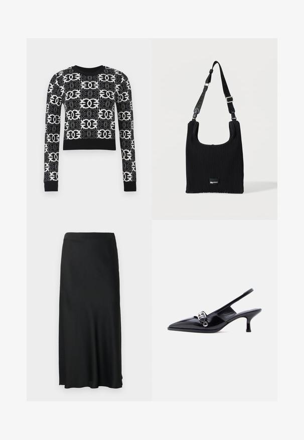 Zwart-wit cropped trui met ingewikkelde geometrische patronen, lange mouwen en een effen zwarte geribbelde halslijn en manchetten.; Zwarte midi-rok met een gladde textuur, voorzien van een split aan de linkerkant en een elastische tailleband, met een eenvoudig, klassiek ontwerp.; Zwarte slingback kitten heel schoen van lakleer met puntige neus en zilveren gespsluiting op een effen witte achtergrond.; Zwarte verticaal geplisseerde schoudertas met verstelbare riem en klein rechthoekig logo op de voorkant in het midden.