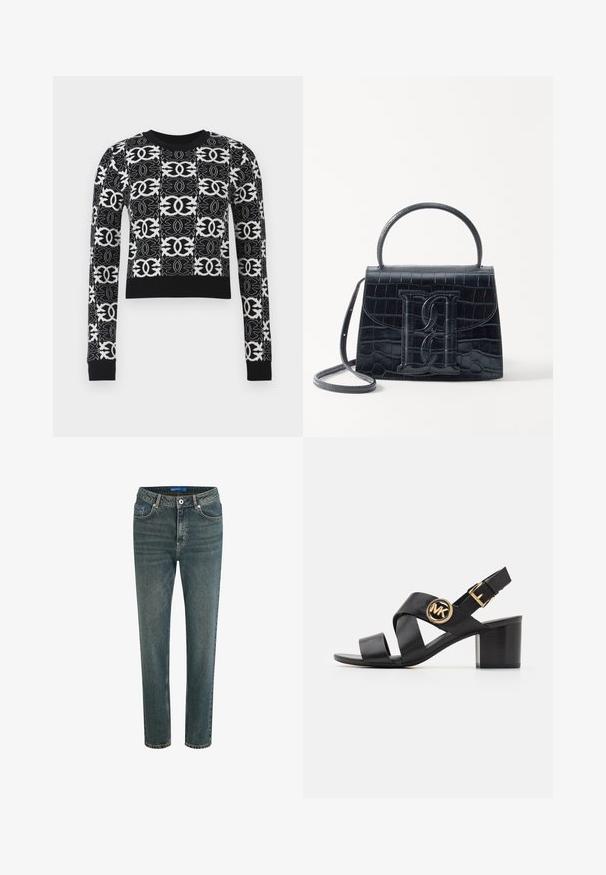 Zwart-wit cropped trui met ingewikkelde geometrische patronen, lange mouwen en een effen zwarte geribbelde halslijn en manchetten.; Denim jeans in vervaagd donkerblauw, met een rechte snit, vijf zakken, en een tailleband met riemlussen en een voorknoopsluiting.; Zwarte leren sandaal met kruislings geplaatste banden en een rond MK-logo. De blokhak heeft een gemiddelde hoogte, wat zorgt voor stabiliteit en een slank ontwerp.; Zwarte handtas van krokodillleer met een gestructureerd ontwerp, bovenhandvat, verstelbare schouderband en een opvallend voorlogo.