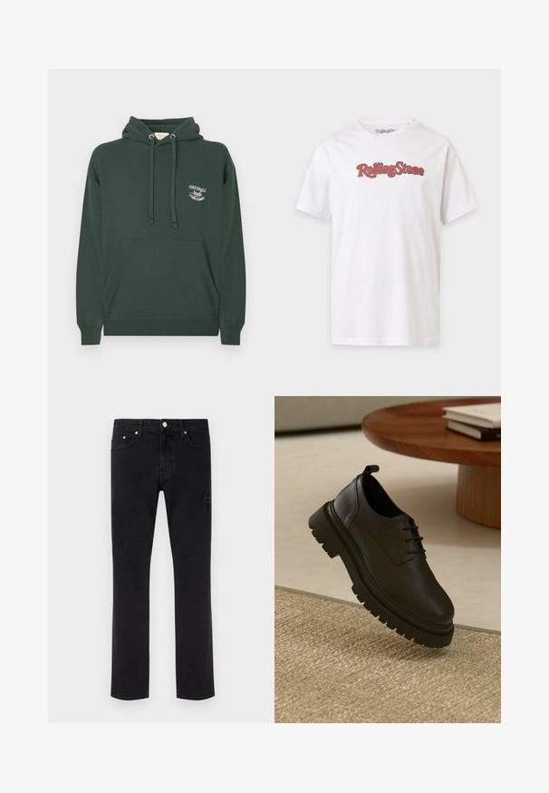Σκούρα πράσινη βαμβακερή φούτερ με κουκούλα, μπροστινή τσέπη-σακούλα, ρυθμιζόμενο κορδόνι στην κουκούλα και λευκή κεντητή επιγραφή "ORIGINALS" στο στήθος.; Λευκό κοντομάνικο μπλουζάκι με κόκκινο και μαύρο κείμενο λογότυπο "Rolling Stone" στο κέντρο του στήθους.; Μαύρο τζιν με ίσια γραμμή, πέντε τσέπες και διακριτικές φθορές, σε απλό ανοιχτό φόντο.; Μαύρο δερμάτινο παπούτσι με υφή επιφάνειας, στρογγυλή μύτη, σχέδιο με κορδόνια και παχιά μαύρη καουτσούκ σόλα. Επιπλέει πάνω σε ένα υφαντό χαλί.