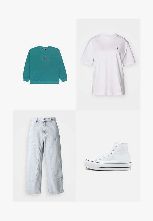 Teal värvi puuvillane sweatshirt, millel on ümmargune kaelus ja ribikätised. Keskel lillat ja musta värvi rombikujuline logo.; Valge puuvillane T-särk, millel on lõdva lõikega, lühikesed varrukad ja väike broderi logo vasakul rinnakarpi.; Heledad sinised teksad laia säärega, suurte küljetaskutega, kõrge taljega ja vabalt istuv. Kulunud tekstuur ja tuhm värvitoon.; Valged kõrged tossud, millel on tekstiilmaterjal, must kummist tallat ja kontrastne must riba keskosas. Ümar varbakiht ja nöörimise disain.