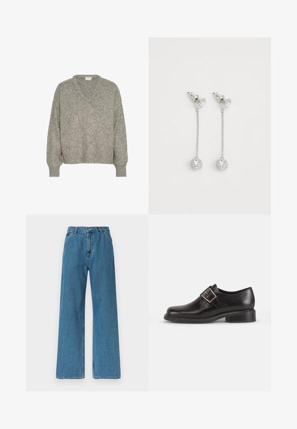 Lys grå strikket sweater med V-hals, løstsiddende pasform, ribbede mansjetter og kant. Lavet af tekstilmateriale med en blød udseende.; Blå jeans med høj talje og vide ben, der har forlommer, bæltestropper, lynlås og knaplukning, vist mod en ensartet hvid baggrund.; Sorte læder herresko med rund tå, detaljer med sidelukning, og en struktureret sål, sat mod en simpel hvid baggrund.; Sølv dråbeøreringe med tynde kæder og runde vedhæng prydet med rhinsten, med klare plastik bagsider til hulkede ører.