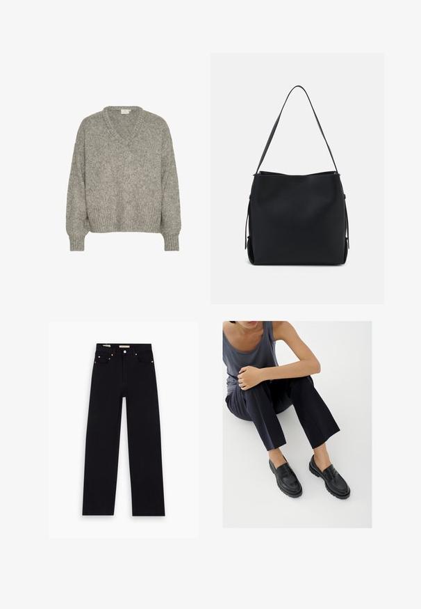 Suéter de punto gris claro con escote en V, corte holgado, puños y dobladillo acanalados. Fabricado con una tela texturizada de aspecto suave.; Jeans de mezclilla negros con corte recto, cinco bolsillos, herrajes de cobre y una textura suave. Dos etiquetas visibles en la cinturilla.; Mocasines de cuero negro con detalles texturizados, tacón bajo, puntera redonda y costuras visibles. Modelo vistiendo pantalones oscuros y una blusa gris.; Pieces PCBONY - Bolso de mano - black