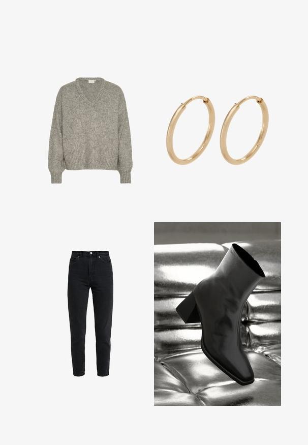 Lys grå strikket sweater med V-hals, løstsiddende pasform, ribbede mansjetter og kant. Lavet af tekstilmateriale med en blød udseende.; High-waist sort denim jeans med forreste knap og lynlås, to forlommer og en tilspidset ben foran på en hvid baggrund.; Sorte ankelstøvler lavet af glossy materiale med firkantet tå og spidse hæle, sat mod en skinnende sølv tuftet baggrund.; Guldøreringe med en glat, poleret overflade. Rund form, mellemstor, med en sikker lukkemekanisme.
