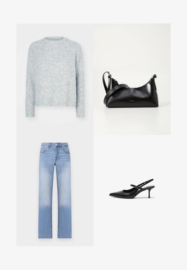 Lichtgrijze pullover met ronde hals, lange mouwen en een zachte, gestructureerde afwerking. Geen zichtbare patronen of hardwaredetails.; Lichtblauwe denim jeans met een rechte pijpdesign, kenmerkend door een vervaagde was aan de onderste helft en klassieke vijf-pocketstyling.; Zwarte leren slingback hakken met een puntige neus, slanke verstelbare band en een ongeveer 5 cm hoge stiletto hak, met een gladde textuur.; Zwarte leren handtas met een gladde textuur. Beschikt over een verstelbare schouderband en een strak, minimalistisch ontwerp met een ritssluiting.