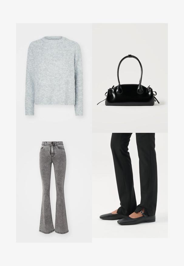 Pull léger gris clair avec un col rond, des manches longues et une finition douce et texturée. Aucune motif visible ni détails en matériel.; Jean évasé taille haute en denim gris délavé avec des détails usés, doté d'une fermeture à bouton et d'un design à cinq poches.; Jambes vêtues d’un pantalon slim noir avec des fentes à l’avant de l’ourlet, assorties à des chaussures plates Mary Jane noires avec une petite bride à boucle.; Petit sac à main noir brillant avec deux longues anses et des détails à cordon sur les côtés sur un fond clair uni.