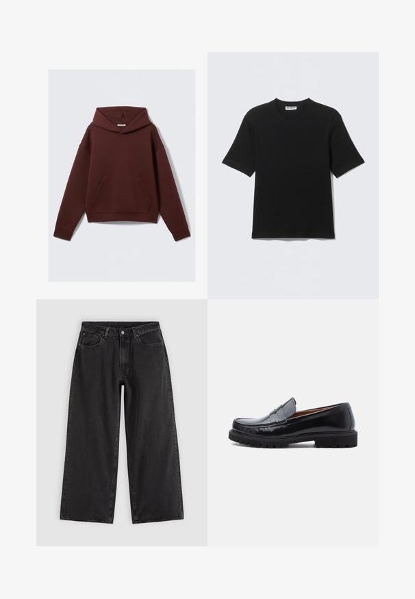 Sweat à capuche bordeaux avec une poche kangourou, fabriqué en tissu doux. Comprend des manches longues et une coupe décontractée.; T-shirt noir à manches courtes avec col rond, portant une étiquette "WEEKDAY" à l'intérieur du col, présenté à plat sur un fond clair.; Jean en denim noir à jambes larges avec poches avant, passants pour ceinture et fermeture par boutons, présenté sur un fond clair uni.; Mocassin penny en cuir noir avec semelle en caoutchouc épaisse et couture moc toe, montré de profil sur un fond blanc.