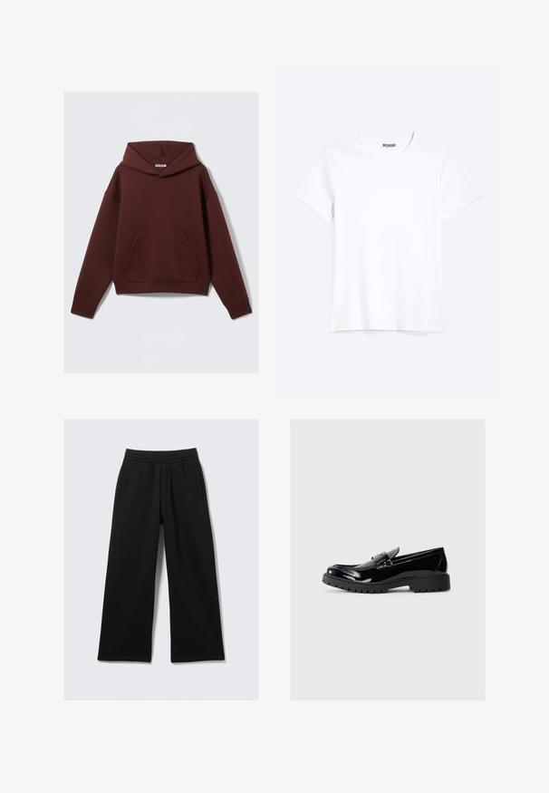 Sweat à capuche bordeaux avec une poche kangourou, fabriqué en tissu doux. Comprend des manches longues et une coupe décontractée.; T-shirt blanc uni à manches courtes et col rond avec une étiquette de la marque WEEKDAY visible au niveau du col, présenté sur un fond clair.; Pantalon noir à jambes larges avec une taille élastique, deux poches latérales et une texture lisse. Conçu pour le confort et la liberté de mouvement.; Mocassins en cuir verni noir avec un bout arrondi, une sangle décorative et une semelle en caoutchouc épaisse avec des reliefs profonds pour l'adhérence.