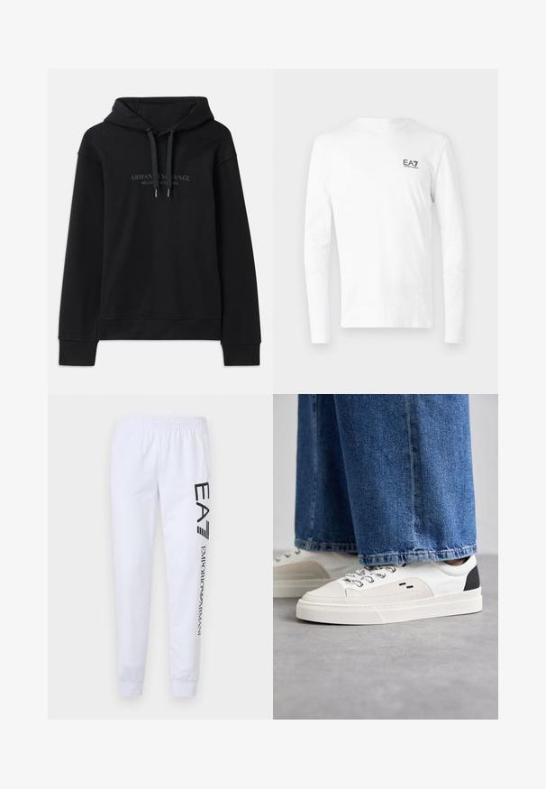 Schwarzer Hoodie aus weichem Material, mit einer verstellbaren Kapuze und gerippten Bündchen. Gesticktes Logo in dunklen Tönen auf der Vorderseite.; Weißes Langarm-T-Shirt aus Baumwolle mit kleinem schwarzem EA7-Logo auf der linken Brust. Einfaches Design mit Rundhalsausschnitt.; Weiße Sweatpants aus weichem Material, mit schwarzen aufgedruckten Logos "EA7" und "Emporio Armani" entlang des linken Beins, ausgestattet mit elastischem Bund und Bündchen.; Weiße und schwarze Sneaker mit einem Obermaterial aus glattem Leder, strukturierten Akzenten und einer massiven weißen Sohle. Verfügt über ein klassisches Schnürdesign.