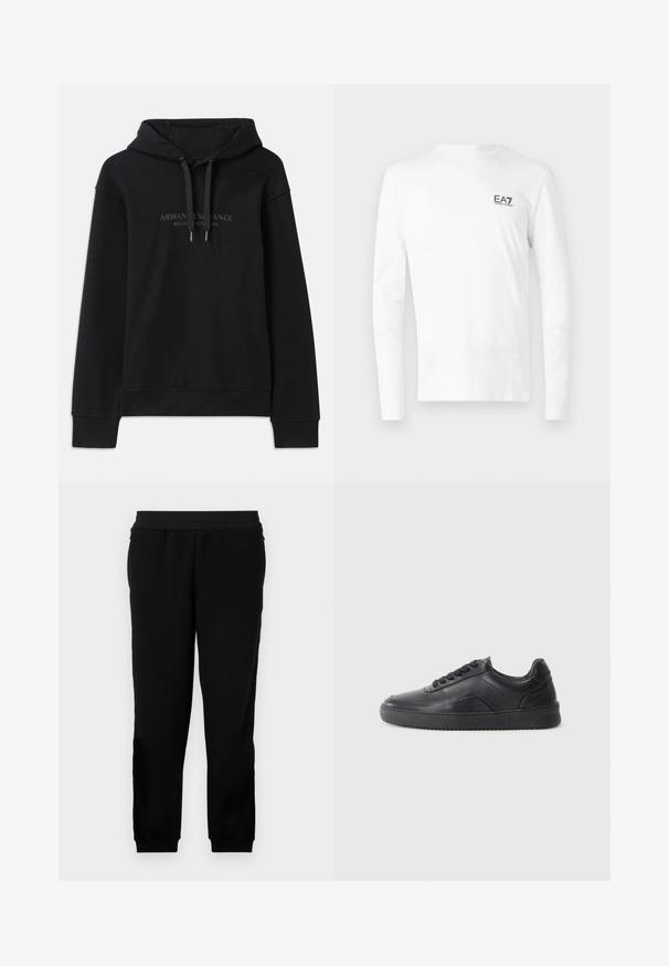 Schwarzer Hoodie aus weichem Material, mit einer verstellbaren Kapuze und gerippten Bündchen. Gesticktes Logo in dunklen Tönen auf der Vorderseite.; Weißes Langarm-T-Shirt aus Baumwolle mit kleinem schwarzem EA7-Logo auf der linken Brust. Einfaches Design mit Rundhalsausschnitt.; Schwarze Sweatpants aus einem weichen Material, mit elastischem Bund, eng anliegenden Bündchen und Seitentaschen für zusätzlichen Komfort.; Schwarze Leder-Sneaker mit glatter Oberfläche, abgerundeter Zehenpartie, strukturiertem Seitenpaneel und schwarzen Schnürsenkeln. Verfügt über eine flache Gummisohle und ein minimalistisches Design.