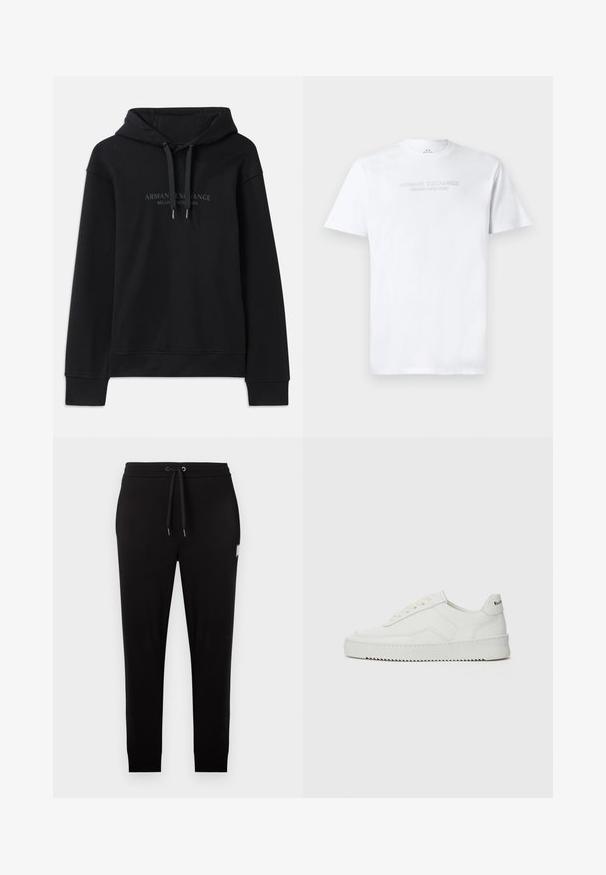 Zwarte hoodie van zacht materiaal, met een capuchon met trekkoord en ribbels aan de mouwen. Geborduurd logo in donkere tinten op de voorkant.; Witte katoenen t-shirt met een ronde hals, korte mouwen en een reliëflogo "ARMANI EXCHANGE MILANO/NEW YORK" op de voorkant.; Zwarte slim-fit joggingbroek met elastische tailleband, zwarte trekkoord en een klein rechthoekig label op de rechterdij.; Witte leren sneaker met een gladde afwerking, ronde neus, platte veters en een gestructureerde zool. Kenmerkt zich door een subtiel logo op de hiel.