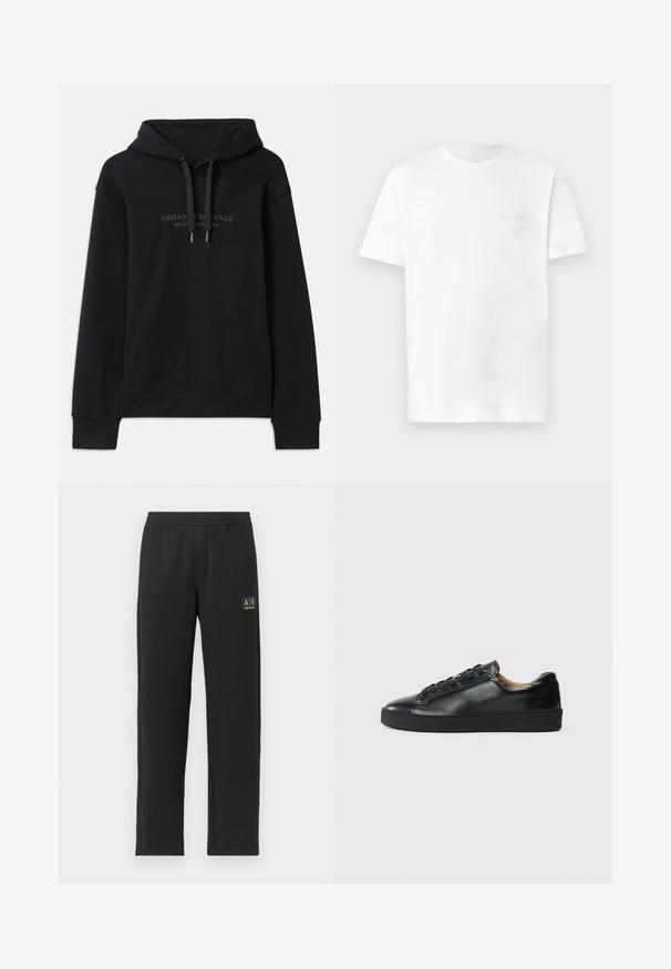 Schwarzer Hoodie aus weichem Material, mit einer verstellbaren Kapuze und gerippten Bündchen. Gesticktes Logo in dunklen Tönen auf der Vorderseite.; Weißes Baumwoll-T-Shirt mit kurzen Ärmeln, Rundhalsausschnitt, mit subtiler grauer Logodruck auf der linken Brustseite und glatter Textur.; Schwarze Sweatpants mit geradem Bein, elastischem Bund und schwarzem Patch-Logo auf dem oberen linken Oberschenkel.; Schwarze Leder-Sneaker mit glatter Textur, runder Zehenpartie und Schnürverschluss. Verfügt über eine dicke Gummisohle und minimalistische Marken-Details.