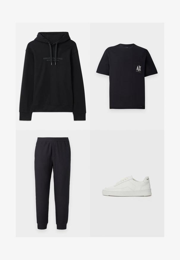 Schwarzer Hoodie aus weichem Material, mit einer verstellbaren Kapuze und gerippten Bündchen. Gesticktes Logo in dunklen Tönen auf der Vorderseite.; Schwarzes Baumwoll-T-Shirt mit Rundhalsausschnitt und kurzen Ärmeln. Besitzt eine Brusttasche mit weißem "A/X"-Logo. Glatte Textur, lockere Passform.; Schwarze, verjüngte Sweatpants mit elastischem Bund und Bündchen, mit subtil strukturiertem Muster und seitlichen Taschen.; Weiße Ledersneaker mit glatter Oberfläche, runder Zehenpartie, flachen Schnürsenkeln und strukturiertem Sohlenprofil. Mit einem dezenten Logo an der Ferse.
