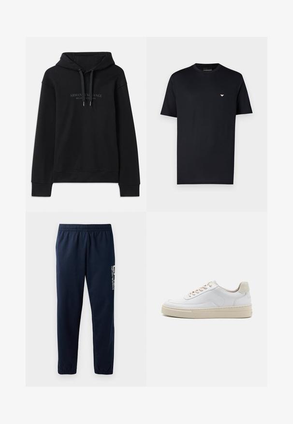 Schwarzer Hoodie aus weichem Material, mit einer verstellbaren Kapuze und gerippten Bündchen. Gesticktes Logo in dunklen Tönen auf der Vorderseite.; Schwarzes Baumwoll-T-Shirt mit Rundhalsausschnitt, kurzen Ärmeln und kleinem goldenem Logo auf der Brust. Glatte Textur, Standardpassform.; Marineblaues Sweatpants mit elastischem Bund, zulaufenden Beinen und einem weißen Logo an der Seite. Glattes Gewebe mit leichter Textur.; Weiße Sneaker mit einem glatten Lederobermaterial, beigen Schnürsenkeln und einer strukturierten, beigen Wildleder-Fersenschlaufe. Erhöhte Sohle für zusätzlichen Komfort.