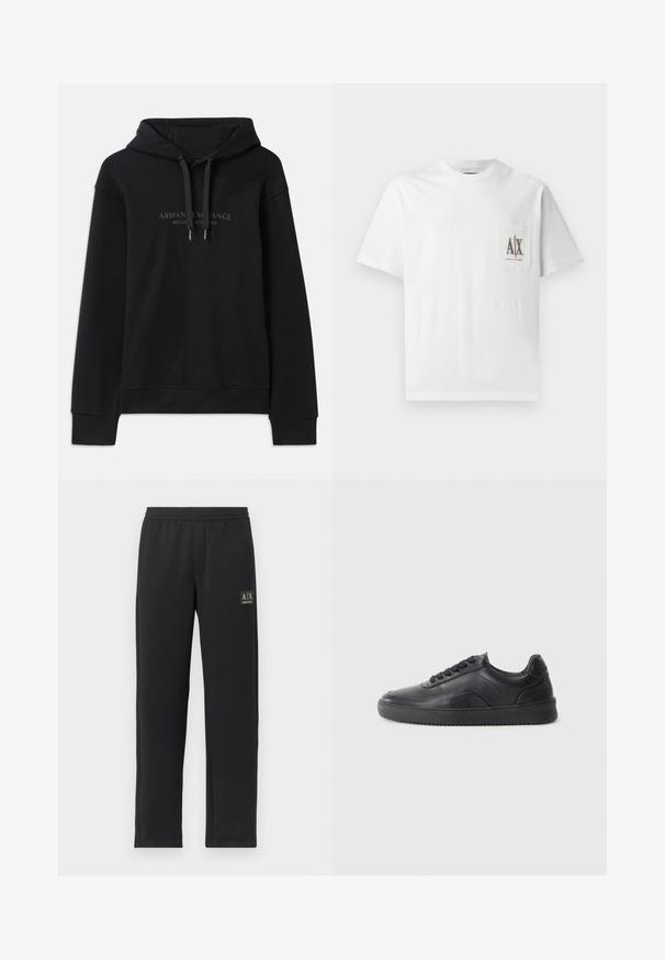 Μαύρη hoodie φτιαγμένη από μαλακό ύφασμα, με κουκούλα που ρυθμίζεται με κορδόνι και ριμπ μανσέτες. Κεντημένο λογότυπο σε σκούρες αποχρώσεις μπροστά.; Λευκό βαμβακερό t-shirt με κοντά μανίκια, στρογγυλή λαιμόκοψη και τσέπη στο αριστερό στήθος με κεντητό λογότυπο "A|X" σε καφέ χρώμα.; Μαύρο ίσιο παντελόνι φόρμας με ελαστική μέση και μαύρο λογότυπο γιακά στην άνω αριστερή πλευρά του μηρού.; Μαύρο δερμάτινο αθλητικό παπούτσι με λεία επιφάνεια, στρογγυλή μύτη, υφασμάτινη πλευρική επένδυση και μαύρες κορδόνες. Διαθέτει επίπεδη ελαστική σόλα και μίνιμαλ σχέδιο.