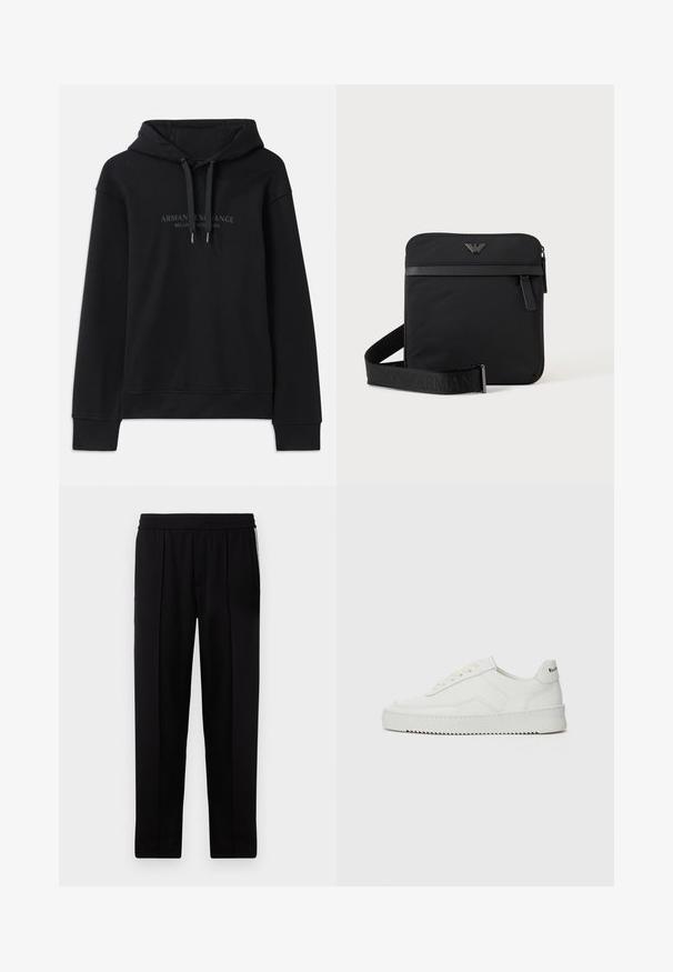 Schwarzer Hoodie aus weichem Material, mit einer verstellbaren Kapuze und gerippten Bündchen. Gesticktes Logo in dunklen Tönen auf der Vorderseite.; Schwarze maßgeschneiderte Hose mit glatter Textur, elastischem Bund und zwei seitlichen Taschen. verfügt über ein elegantes, gerades Bein-Design.; Weiße Ledersneaker mit glatter Oberfläche, runder Zehenpartie, flachen Schnürsenkeln und strukturiertem Sohlenprofil. Mit einem dezenten Logo an der Ferse.; Schwarze quadratische Schultertasche mit Reißverschluss, Vordertasche und verstellbarem Riemen mit eingeprägtem Markennamen.