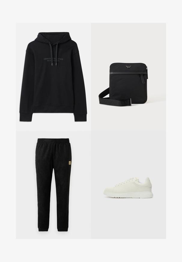 Schwarzer Hoodie aus weichem Material, mit einer verstellbaren Kapuze und gerippten Bündchen. Gesticktes Logo in dunklen Tönen auf der Vorderseite.; Schwarze Velours-Jogginghosen mit elastischem Bund, gerippten Knöcheln, seitlichen Taschen und kleinem beigefarbenen EA7 Emporio Armani Logo-Aufnäher an der Oberschenkelseite.; Weiße Leder-Sneaker mit texturiertem Obermaterial, runder Zehenpartie, flacher weißer Sohle und tonalen Schnürsenkeln. Dezentes Branding auf der Zunge.; Schwarze quadratische Schultertasche mit Reißverschluss, Vordertasche und verstellbarem Riemen mit eingeprägtem Markennamen.