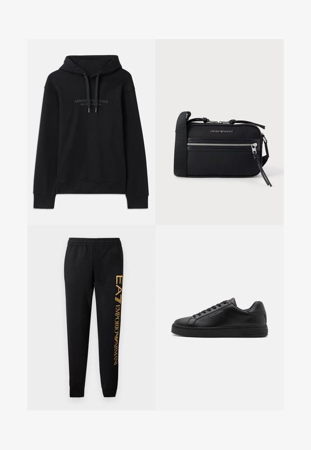 Schwarzer Hoodie aus weichem Material, mit einer verstellbaren Kapuze und gerippten Bündchen. Gesticktes Logo in dunklen Tönen auf der Vorderseite.; Schwarze Jogginghose mit elastischem Bund und gerippten Säumen. Mit einem vertikalen goldenen Logodruck auf dem linken Bein. Aus weichem Stoff gefertigt.; Schwarze Ledersneaker mit strukturiertem Finish, flachen Schnürsenkeln und Gummisohle. Mit Branding an der Seite und runder Zehenform.; Schwarze Nylon-Umhängetasche mit silbernen Beschlägen, einem oberen Reißverschluss, einer Fronttasche und einem geprägten Logo. Verstellbarer Gurt inklusive.