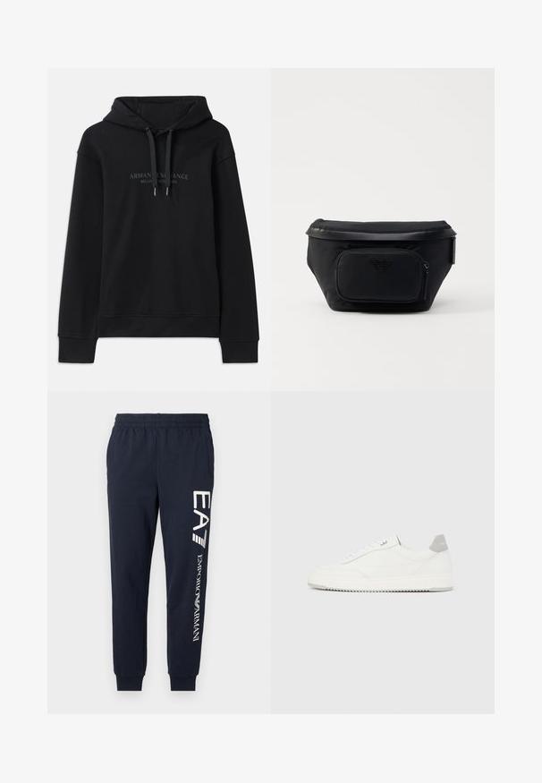 Μαύρη hoodie φτιαγμένη από μαλακό ύφασμα, με κουκούλα που ρυθμίζεται με κορδόνι και ριμπ μανσέτες. Κεντημένο λογότυπο σε σκούρες αποχρώσεις μπροστά.; Ναυτικό μπλε βαμβακερές φόρμες με ελαστική μέση, τετραγωνισμένα πόδια και αντίθετες λευκές εκτυπώσεις των λογότυπων EA7 και Emporio Armani κατά μήκος της πλευράς.; Λευκό αθλητικό παπούτσι χαμηλού ύψους με γκρι ταμπ εφφέ στη φτέρνα, λευκά κορδόνια και υφή στη σόλα, απεικονιζόμενο σε απλό ανοιχτόχρωμο φόντο.; Μαύρη νάιλον τσάντα με μπροστινή τσέπη με φερμουάρ, που διαθέτει λεία υφή και λογότυπο. Δομή με επιτηδευμένο σχέδιο και αναδιπλούμενη θήκη.
