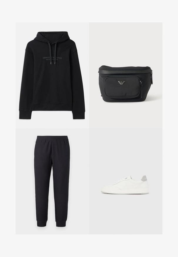 Schwarzer Hoodie aus weichem Material, mit einer verstellbaren Kapuze und gerippten Bündchen. Gesticktes Logo in dunklen Tönen auf der Vorderseite.; Schwarze, verjüngte Sweatpants mit elastischem Bund und Bündchen, mit subtil strukturiertem Muster und seitlichen Taschen.; Weißer Sneaker mit niedrigem Schaft, grauem Fersenlaschen, weißen Schnürsenkeln und einer strukturierten Sohle, dargestellt vor einem schlichten hellen Hintergrund.; Schwarze Bauchtasche mit Frontreißverschlusstasche und silbernem Adlerlogo, glattes Gewebe mit strukturiertem Besatz und Reißverschlussanhängern.