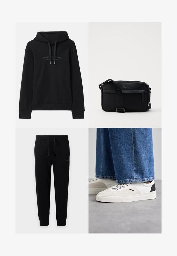 Sweat à capuche noir en tissu doux, avec un cordon de serrage à la capuche et des poignets côtelés. Logo brodé dans des tons sombres sur le devant.; Pantalons de sport noirs en mélange de coton, dotés d'une taille élastique avec cordon de serrage, de chevilles côtelées et d'une impression de logo discrète sur le côté.; Baskets blanches et noires avec une tige en cuir lisse, des accents texturés et une semelle épaisse blanche. Présentent un design classique à lacets.; Sac à bandoulière en nylon noir avec une sangle contrastante, une forme rectangulaire élégante, un détail de logo et une poche zippée à l'avant.