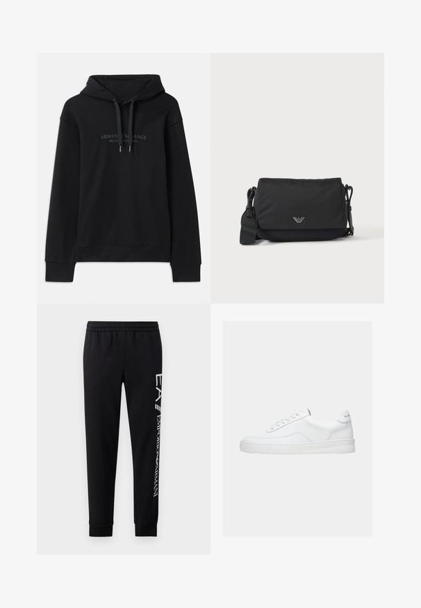 Μαύρη hoodie φτιαγμένη από μαλακό ύφασμα, με κουκούλα που ρυθμίζεται με κορδόνι και ριμπ μανσέτες. Κεντημένο λογότυπο σε σκούρες αποχρώσεις μπροστά.; Μαύρο παντελόνι φόρμας από μείγμα βαμβακιού, με ελαστική μέση, κομμάτια με κωνική γραμμή, ριμπ μανσέτες και λευκή εκτύπωση λογότυπου κατά μήκος της πλευράς.; Λευκό sneaker χαμηλού τόνου με σχέδιο δέσιμο κορδονιών, λείο δερμάτινο επάνω μέρος και παχύ πάτο, εμφανιζόμενο από πλευρική όψη σε απλό φόντο.; Μαύρη τσάντα ώμου με ρυθμιζόμενο λουράκι και μικρό ασημί λογότυπο στην εμπρόσθια επικάλυψη, εμφανιζόμενη σε απλό φωτεινό φόντο.