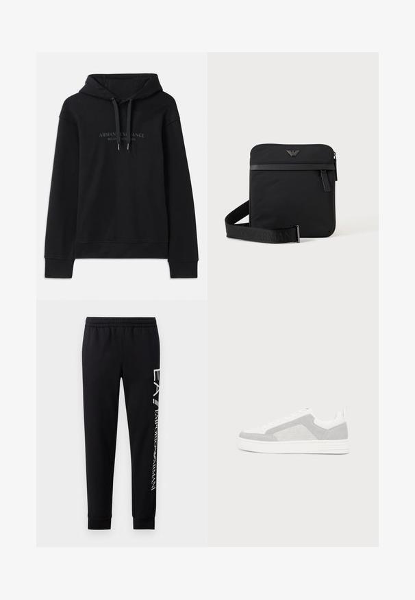 Sort hættetrøje lavet af blødt stof, med snoretræk i hætten og ribbede manchetter. Broderet logo i mørke nuancer på fronten.; Sorte sweatpants lavet af en bomuldsblanding, med elastisk talje, smalle ben, ribbede manchetter og hvidt logo print langs siden.; Lavskoet hvid sneaker med lysegrå ruskindspaneler, hvide snørebånd og en hvid gummisål på en ensfarvet lys baggrund.; Sort firkantet skuldertaske med lynlås, frontlomme og justerbar rem med præget brandnavn.