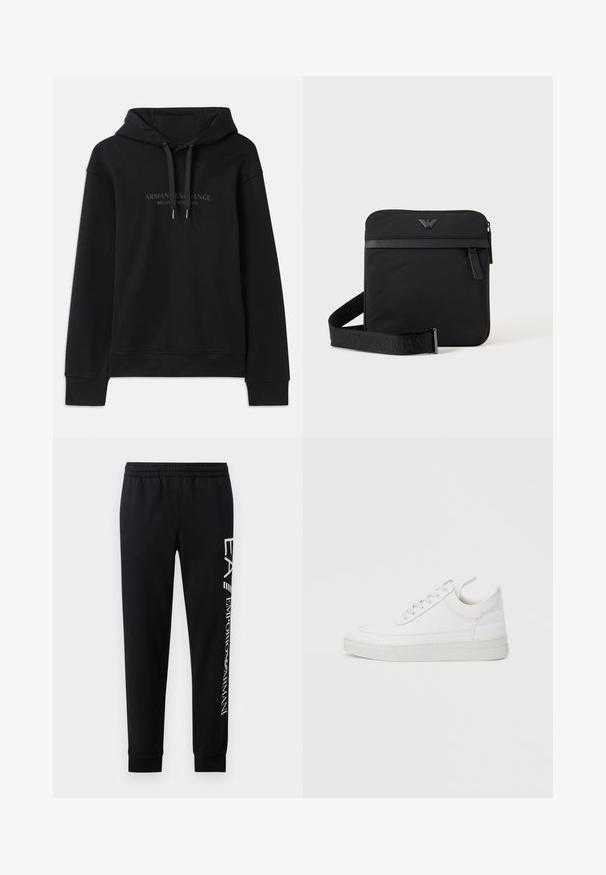 Schwarzer Hoodie aus weichem Material, mit einer verstellbaren Kapuze und gerippten Bündchen. Gesticktes Logo in dunklen Tönen auf der Vorderseite.; Schwarze Sweatpants aus Baumwollmischung mit elastischem Taillenbund, schmal zulaufenden Beinen, gerippten Bündchen und weißem Logo-Druck entlang der Seite.; Weißer Ledersneaker mit abgerundetem Zehenbereich, flacher Sohle und Schnürverschluss. Verfügt über Nahtdetails und einen gepolsterten Kragen für zusätzlichen Komfort.; Schwarze quadratische Schultertasche mit Reißverschluss, Vordertasche und verstellbarem Riemen mit eingeprägtem Markennamen.