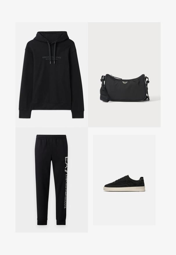 Sort hættetrøje lavet af blødt stof, med snoretræk i hætten og ribbede manchetter. Broderet logo i mørke nuancer på fronten.; Sorte sweatpants lavet af en bomuldsblanding, med elastisk talje, smalle ben, ribbede manchetter og hvidt logo print langs siden.; Sort ruskind lav-sneaker med sorte snørebånd og hvid gummisål, sidevisning på ensartet lys grå baggrund.; Sort rektangulær crossbody taske med sølv brandlogoemblem og justerbar rem på lys baggrund.