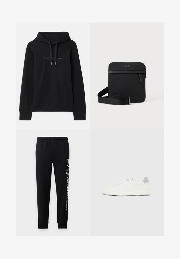 Schwarzer Hoodie aus weichem Material, mit einer verstellbaren Kapuze und gerippten Bündchen. Gesticktes Logo in dunklen Tönen auf der Vorderseite.; Schwarze Sweatpants aus Baumwollmischung mit elastischem Taillenbund, schmal zulaufenden Beinen, gerippten Bündchen und weißem Logo-Druck entlang der Seite.; Weißer Sneaker mit niedrigem Schaft, grauem Fersenlaschen, weißen Schnürsenkeln und einer strukturierten Sohle, dargestellt vor einem schlichten hellen Hintergrund.; Schwarze quadratische Schultertasche mit Reißverschluss, Vordertasche und verstellbarem Riemen mit eingeprägtem Markennamen.