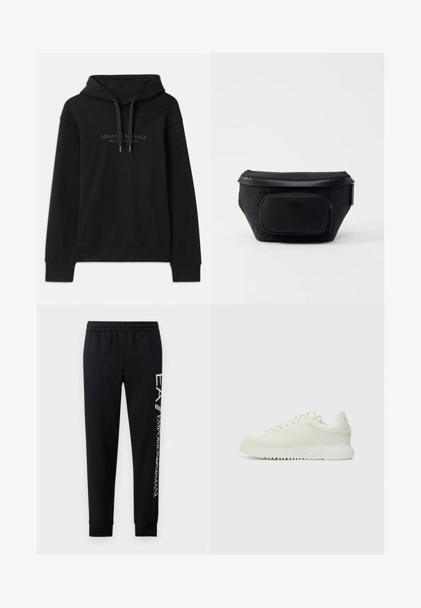 Schwarzer Hoodie aus weichem Material, mit einer verstellbaren Kapuze und gerippten Bündchen. Gesticktes Logo in dunklen Tönen auf der Vorderseite.; Schwarze Sweatpants aus Baumwollmischung mit elastischem Taillenbund, schmal zulaufenden Beinen, gerippten Bündchen und weißem Logo-Druck entlang der Seite.; Weiße Leder-Sneaker mit texturiertem Obermaterial, runder Zehenpartie, flacher weißer Sohle und tonalen Schnürsenkeln. Dezentes Branding auf der Zunge.; Schwarze Nylon-Tasche mit einer vorderen Reißverschlusstasche, ausgestattet mit einer glatten Textur und einem Logo-Akzent. Strukturierte Design mit einem umklappbaren oberen Teil.