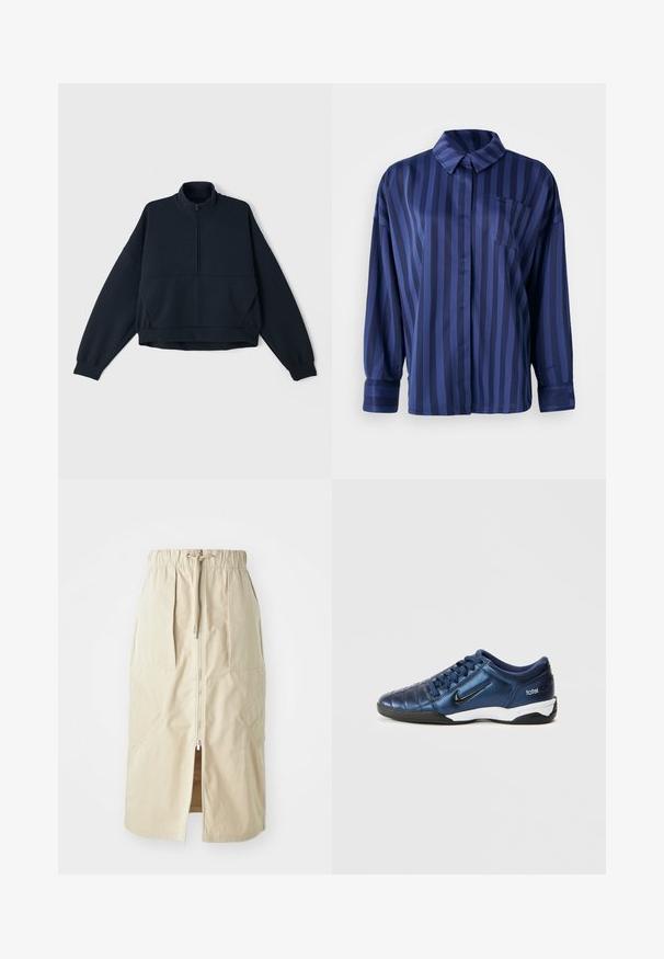 Sudadera de repuesto de color navy con un alto cuello, cierre de media cremallera en la parte delantera y hombros caídos. Tejido suave y texturizado con puños elásticos y dobladillo.; Camisa a rayas azul marino con cuello, bolsillo en el pecho y mangas largas. Confeccionada en una tela suave y brillante con un corte holgado.; Falda de longitud media en beige, hecha de una tela ligera. Presenta un cierre delantero, cinturilla elástica y bolsillos laterales con diseños angulares.; Zapatilla deportiva sintética azul con diseño acolchado, logo negro y suela blanca. Cuenta con cierre de cordones y perfil bajo.