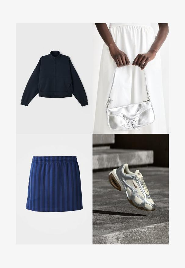 Sudadera de repuesto de color navy con un alto cuello, cierre de media cremallera en la parte delantera y hombros caídos. Tejido suave y texturizado con puños elásticos y dobladillo.; Falda azul marino con rayas verticales, cinturilla elástica, de longitud hasta el muslo, hecha de tela ligera, textura suave.; Zapatilla deportiva en crema y plata metálica flotando sobre escalones de concreto con suelas de goma marrón y logotipo de Nike.; Bolso metálico plateado con detalle de cordones, que presenta un diseño elegante y una correa corta. El bolso está sostenido con las manos, mostrando su textura.