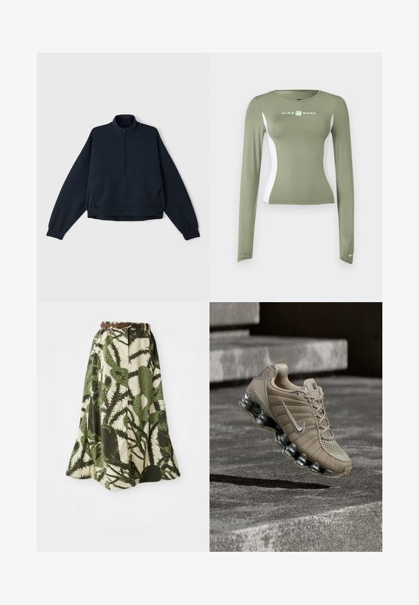 Marineblauwe pullover sweatshirt met hoge kraag, halve ritssluiting aan de voorkant en verlaagde schouders. Zacht, gewatteerd materiaal met elastische manchetten en zoom.; Olivengroen Nike Shox shirt met lange mouwen, witte zijpanelen en neon groene accenten, nauwsluitende pasvorm, en een klein Swoosh-logo op de mouwboord.; Lange rok met een cactusprint in groen en crème tinten, met een aansluitende taille en een bruine riem voor sluiting.; Beige Nike hardloopschoen met zilveren accenten en veerachtige zool zwevend boven betonnen trappen bij gedimd licht.