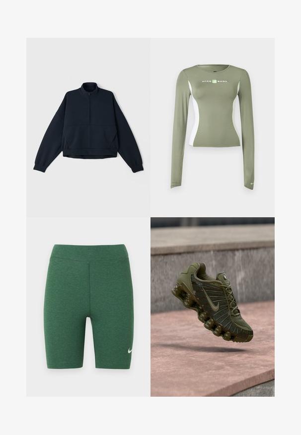 Navy Pullover-Sweatshirt mit hohem Kragen, halbem Reißverschluss vorne und überschnittenen Schultern. Weicher, strukturierter Stoff mit elastischen Bündchen und Saum.; Olivgrünes Nike Shox Langarmshirt mit weißen Seitenteilen und neongrünen Akzenten, figurnahe Passform und kleinem Swoosh-Logo am Ärmelbündchen.; Grüne Sportschorts aus Stretchmaterial. Hoch tailliertes Design mit flachen Nähten und einem weißen Nike-Logo am unteren linken Bein.; Nike-Sneaker in Olivgrün mit einem Mesh-Obermaterial und strukturierten Einsätzen, gepolsterter Sohle sowie sichtbarer Luftdämpfung für hohen Komfort.