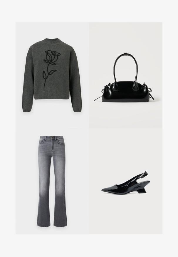 Pull en maille à manches longues gris foncé avec un col haut et un design de rose noir brodé au centre avant.; Jean flare taille haute en denim gris foncé, avec poches frontales, fermeture à bouton et légère décoloration vers l'ourlet.; Chaussure slingback en cuir verni noir avec bout pointu et petit talon bloc incliné sur fond clair uni.; Petit sac à main noir brillant avec deux longues anses et des détails à cordon sur les côtés sur un fond clair uni.