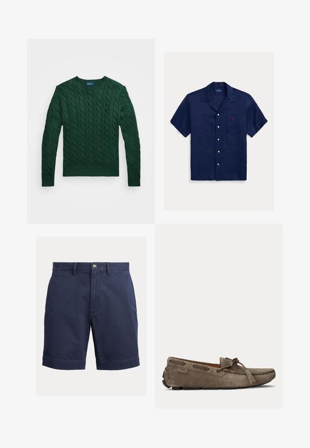 Polo Ralph Lauren CABLE KNIT COTTON SWEATER - Neule - vintage pine; Laivastonsininen pellavainen lyhythihainen paita, jossa on leirikaulus, etutasku, valkoiset napit ja rinnan punaisella kirjailtu logo.; Laivastonsiniset miesten shortsit, joissa nappikiinnitys, vyölenkit ja suora helma vaaleaa yksiväristä taustaa vasten.; Vaaleanruskea mokkanahkainen loafer, jossa nauhat ja hapsu koristeena, ommeltu mokkasiinin kärki ja kumipohjan pidikkeet, sivukuva.