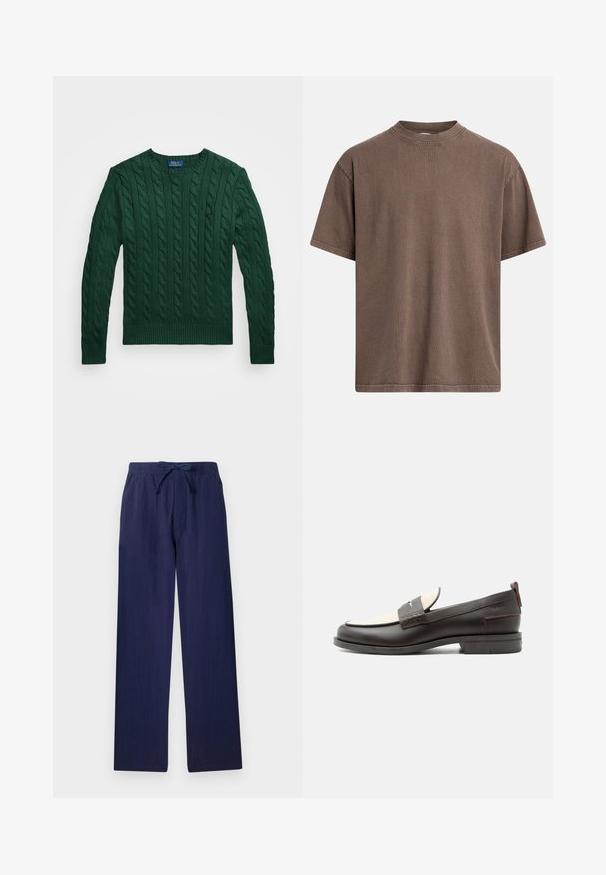 Polo Ralph Lauren CABLE KNIT COTTON SWEATER - Neule - vintage pine; Ruskea puuvillainen T-paita, lyhyet hihat, pyöreä kaula-aukko, rento istuvuus, sileä pinta, yksinkertainen malli ja näkyvä ompelu helmoissa ja hihoissa.; Laivastonsiniset, leveälahkeiset housut, jotka on valmistettu kevyestä kankaasta. Ominaisuuksiin kuuluu joustava vyötärönyöri ja sivutaskut. Silkkinen rakenne.; Miesten tummanruskea nahkainen loafer-kenkä, jossa vaalea kangaspaneeli ja klassinen tikattu hihnatyyli, tasainen pohja ja vedinkieleke kantapäässä.