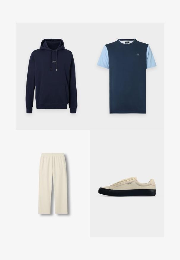 Sweat à capuche bleu marine avec poche avant, capuche à cordon de serrage, et petit texte blanc « LES DEU » centré sur la poitrine.; T-shirt bleu marine avec manches courtes bleu clair, col rond et petit logo sur la poitrine. Matière en coton avec une texture lisse.; Pantalon en maille côtelée couleur crème avec taille élastique et poches latérales, coupe droite sur fond blanc uni.; Baskets basses en toile beige avec semelle et embout en caoutchouc noir, fermeture à lacets et petite étiquette logo sur le côté gauche.