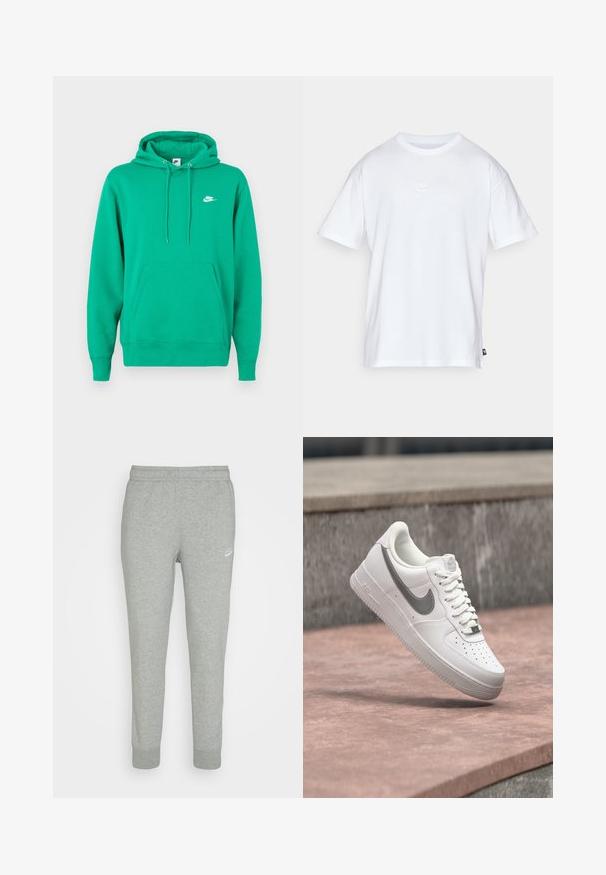 Sudadera verde de Nike con un bolsillo frontal, capucha con cordón y un pequeño logo blanco en el lado izquierdo del pecho. Tejido suave, ajuste estándar.; Camiseta de algodón blanca con mangas cortas y cuello redondo. Presenta un pequeño y sutil logo de Nike en el pecho y una etiqueta lateral.; Pantalones de chándal grises hechos de una tela suave, con un diseño de pierna ajustada, cinturilla elástica y pequeño logo blanco de Nike en el muslo izquierdo.; Zapatilla blanca Nike Air Force 1 con logo swoosh gris flotando sobre una superficie de piedra y un fondo de pared de piedra gris.