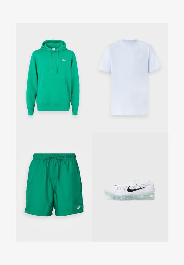 Sudadera verde de Nike con un bolsillo frontal, capucha con cordón y un pequeño logo blanco en el lado izquierdo del pecho. Tejido suave, ajuste estándar.; Camiseta de algodón de color azul claro con mangas cortas, cuello redondo y un logo blanco de Nike impreso en el pecho izquierdo. Textura suave, diseño sencillo.; Bañadores verdes para hombre, confeccionados en material ligero, con cintura elástica y cordón ajustable, y un pequeño logo de Nike en el dobladillo.; Zapatilla deportiva blanca con parte superior de tejido de punto, logo de Nike en negro, suela de burbujas de aire transparente y textura perforada para transpirabilidad.