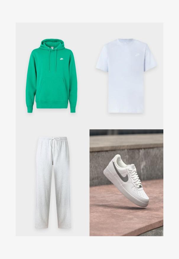 Sudadera verde de Nike con un bolsillo frontal, capucha con cordón y un pequeño logo blanco en el lado izquierdo del pecho. Tejido suave, ajuste estándar.; Camiseta de algodón de color azul claro con mangas cortas, cuello redondo y un logo blanco de Nike impreso en el pecho izquierdo. Textura suave, diseño sencillo.; Pantalones deportivos grises hechos de tela suave, con una cintura elástica con cordón y piernas rectas. No se observan patrones ni detalles.; Zapatilla blanca Nike Air Force 1 con logo swoosh gris flotando sobre una superficie de piedra y un fondo de pared de piedra gris.