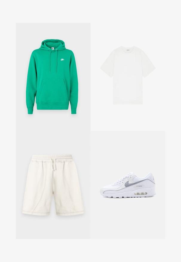 Grøn Nike hoodie med en frontlomme, hætte med snoretræk og et lille hvidt logo på venstre bryst. Blødt stof, standard pasform.; Hvid kortærmet t-shirt lavet af bomuld, med en rund halsudskæring og et diskret logo på brystet, samt en glat overflade.; Off-white casual shorts med elastisk talje, snøre og synlige sømdetaljer, designet til komfort og hverdag.; Hvid og grå Nike Air Max sneaker med synlig luftpolstring i sålen, mesh- og læderoverdel samt Nike-swoosh på siden.
