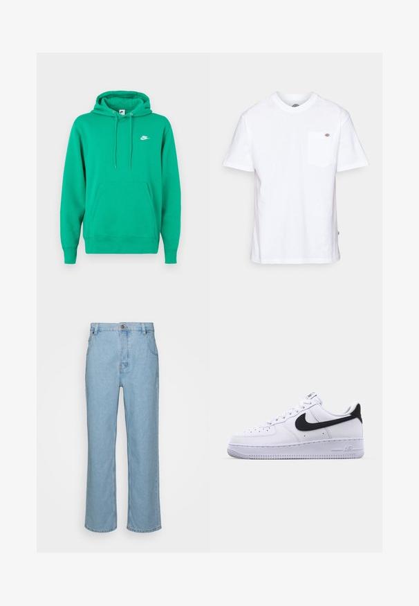 Grüner Nike-Hoodie mit einer vorderen Kängurutasche, Kapuze mit Zugband und einem kleinen weißen Logo auf der linken Brust. Weicher Stoff, normale Passform.; Weißes Baumwoll-T-Shirt mit Rundhalsausschnitt, kurzen Ärmeln und einer Brusttasche, die auf der linken Seite ein kleines Markenlogo aufweist.; Helle blaue Denim-Jeans mit geradem Bein, ausgestattet mit einem Knopfverschluss, Gürtelschlaufen und zwei Vorderstaschen.; Weißes Leder-Sneaker mit einem strukturierten schwarzen Swoosh, flachen Schnürsenkeln und einer Gummisohle mit genoppetem Muster. "AIR" ist auf der Ferse eingeprägt.