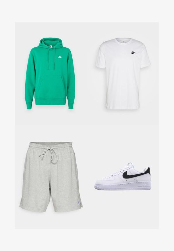 Sudadera verde de Nike con un bolsillo frontal, capucha con cordón y un pequeño logo blanco en el lado izquierdo del pecho. Tejido suave, ajuste estándar.; Camiseta de algodón blanca con cuello redondo, mangas cortas y un logo negro de Nike en el lado izquierdo del pecho. Diseño simple en un color sólido.; Shorts deportivos grises hechos de una tela suave, con una cinturilla elástica con cordón y un pequeño logotipo en la parte inferior izquierda.; Zapatilla blanca de cuero con un Swoosh negro texturizado, cordones planos y una suela de goma con un patrón estriado. "AIR" está grabado en el talón.