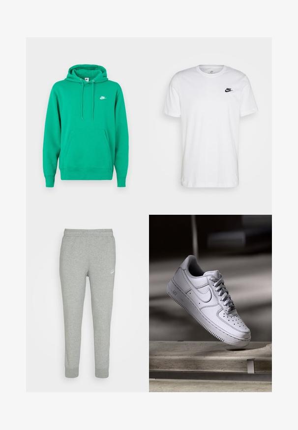 Grüner Nike-Hoodie mit einer vorderen Kängurutasche, Kapuze mit Zugband und einem kleinen weißen Logo auf der linken Brust. Weicher Stoff, normale Passform.; Weißes Baumwoll-T-Shirt mit Rundhalsausschnitt, kurzen Ärmeln und einem schwarzen Nike-Logo auf der linken Brust. Einfaches, einfarbiges Design.; Graue Sweatpants aus weichem Stoff, mit schmal zulaufendem Bein, elastischem Bund und kleinem weißen Nike-Logo am linken Oberschenkel.; Weißer Nike Air Force 1 Sneaker aus Leder mit perforierter Zehenpartie, flachen Schnürsenkeln und strukturierter Gummisohle mit "AIR"-Branding an der Seite.