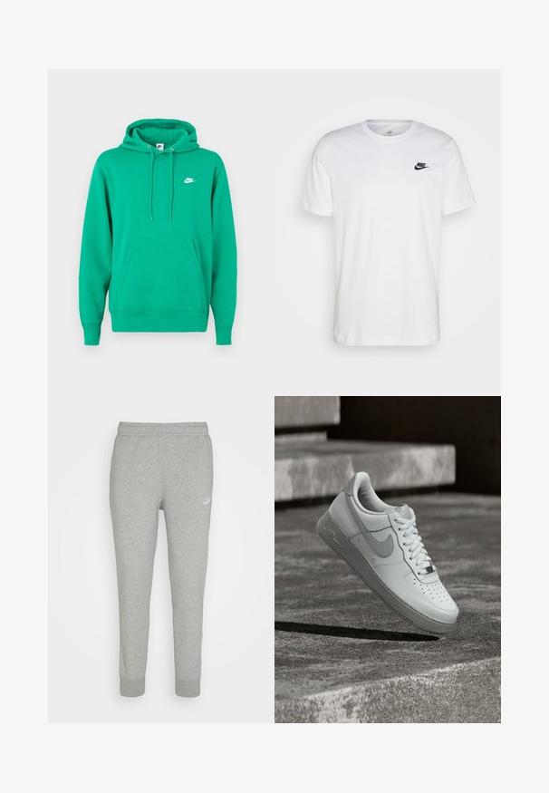 Grüner Nike-Hoodie mit einer vorderen Kängurutasche, Kapuze mit Zugband und einem kleinen weißen Logo auf der linken Brust. Weicher Stoff, normale Passform.; Weißes Baumwoll-T-Shirt mit Rundhalsausschnitt, kurzen Ärmeln und einem schwarzen Nike-Logo auf der linken Brust. Einfaches, einfarbiges Design.; Graue Sweatpants aus weichem Stoff, mit schmal zulaufendem Bein, elastischem Bund und kleinem weißen Nike-Logo am linken Oberschenkel.; Weißer Nike Air Force 1 Sneaker, der über einer strukturierten Betonoberfläche schwebt, mit Steinstufen im Hintergrund.