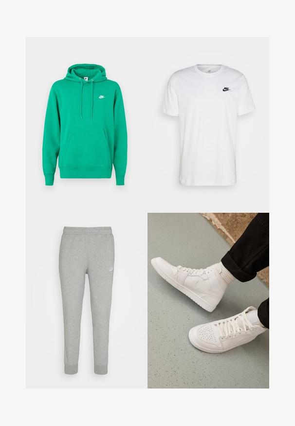 Sudadera verde de Nike con un bolsillo frontal, capucha con cordón y un pequeño logo blanco en el lado izquierdo del pecho. Tejido suave, ajuste estándar.; Camiseta de algodón blanca con cuello redondo, mangas cortas y un logo negro de Nike en el lado izquierdo del pecho. Diseño simple en un color sólido.; Pantalones de chándal grises hechos de una tela suave, con un diseño de pierna ajustada, cinturilla elástica y pequeño logo blanco de Nike en el muslo izquierdo.; Zapatillas altas blancas hechas de cuero suave con puntera perforada, cierre de cordones y sutil detalle del logo en el lateral. Suela de goma texturizada.