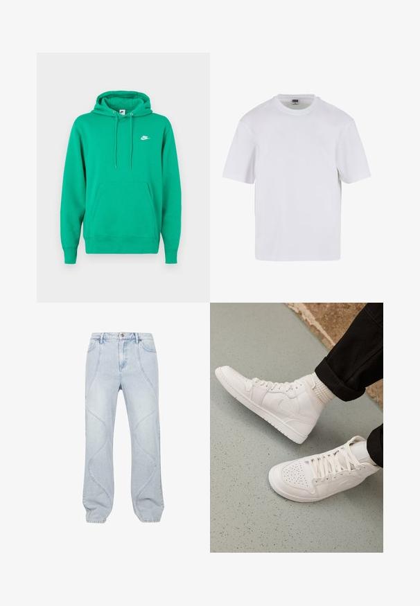Haut à capuche Nike vert avec une poche avant, un cordon de serrage à la capuche et un petit logo blanc sur la poitrine gauche. Tissu doux, coupe standard.; T-shirt blanc à manches courtes en coton. Il présente un col rond et une coupe décontractée. Texture lisse, design minimaliste, sans motifs ni accents.; Jean en denim bleu clair avec des motifs de couture courbés, une fermeture à bouton et une coupe décontractée. Le tissu a une texture lisse avec une légère décoloration.; Baskets montantes blanches en cuir lisse avec un bout perforé, fermeture à lacets et un discret logo sur le côté. Semelle en caoutchouc texturé.