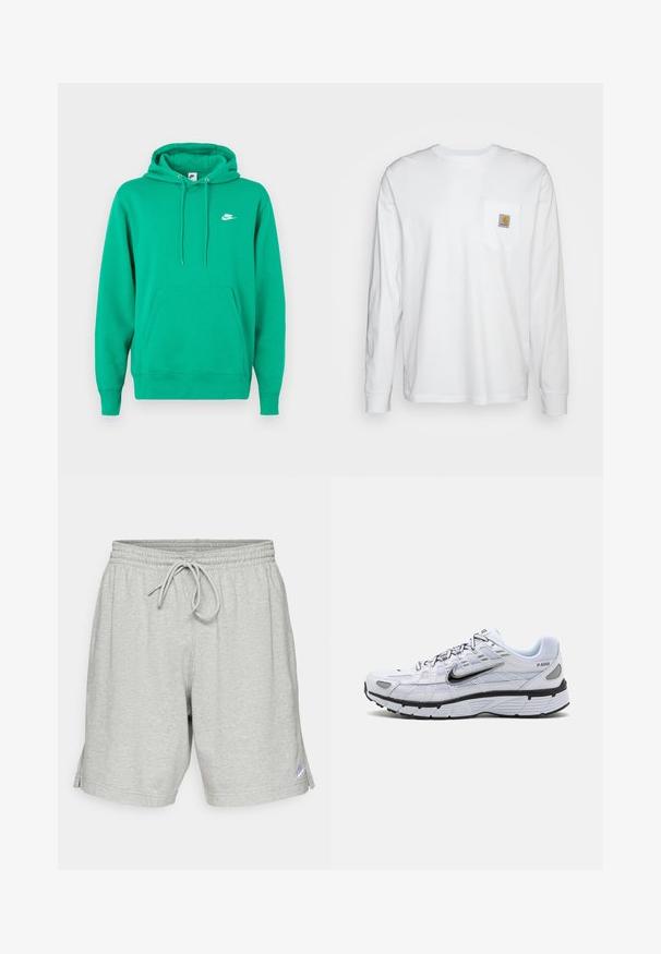 Haut à capuche Nike vert avec une poche avant, un cordon de serrage à la capuche et un petit logo blanc sur la poitrine gauche. Tissu doux, coupe standard.; Chemise blanche à manches longues en coton, dotée d'une poche poitrine avec un patch logo carré. Design simple avec un col arrondi et des manches à poignets.; Shorts de sport gris en tissu doux, avec une taille élastique et un cordon de serrage, et un petit logo en bas à gauche.; Baskets de course blanches avec une tige en mesh, bout arrondi, accents noirs et semelle à motif. Comprend des lacets et une marque sur le côté.